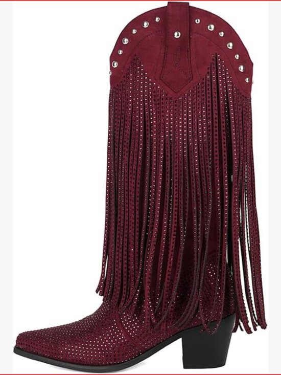 Shoes - Rhinestone Fringe Cowgirl Boots, Faux Leather Mid-Calf Chunky Heel